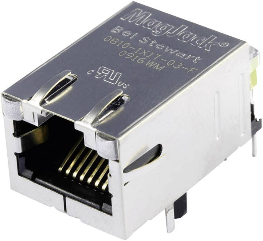 Een MagJack Ethernet-aansluiting met metalen behuizing en steekcontacten, voor gebruik in elektronische netwerkapparatuur.
