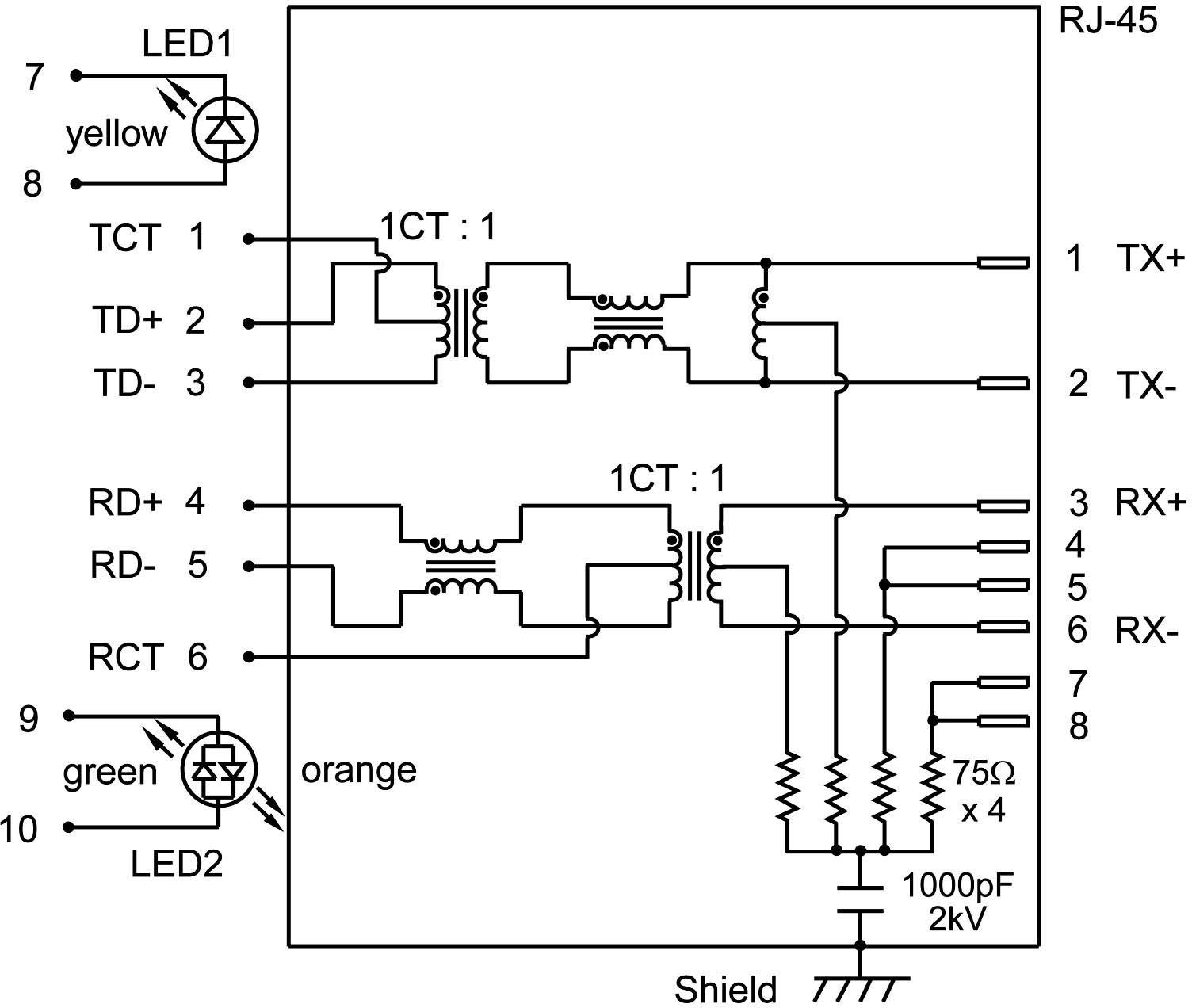 Bedradingsschema van een Ethernet-transceiver met RJ-45-aansluiting. Toont de bekabeling van LED-indicatoren (geel en groen) en transformatoren.