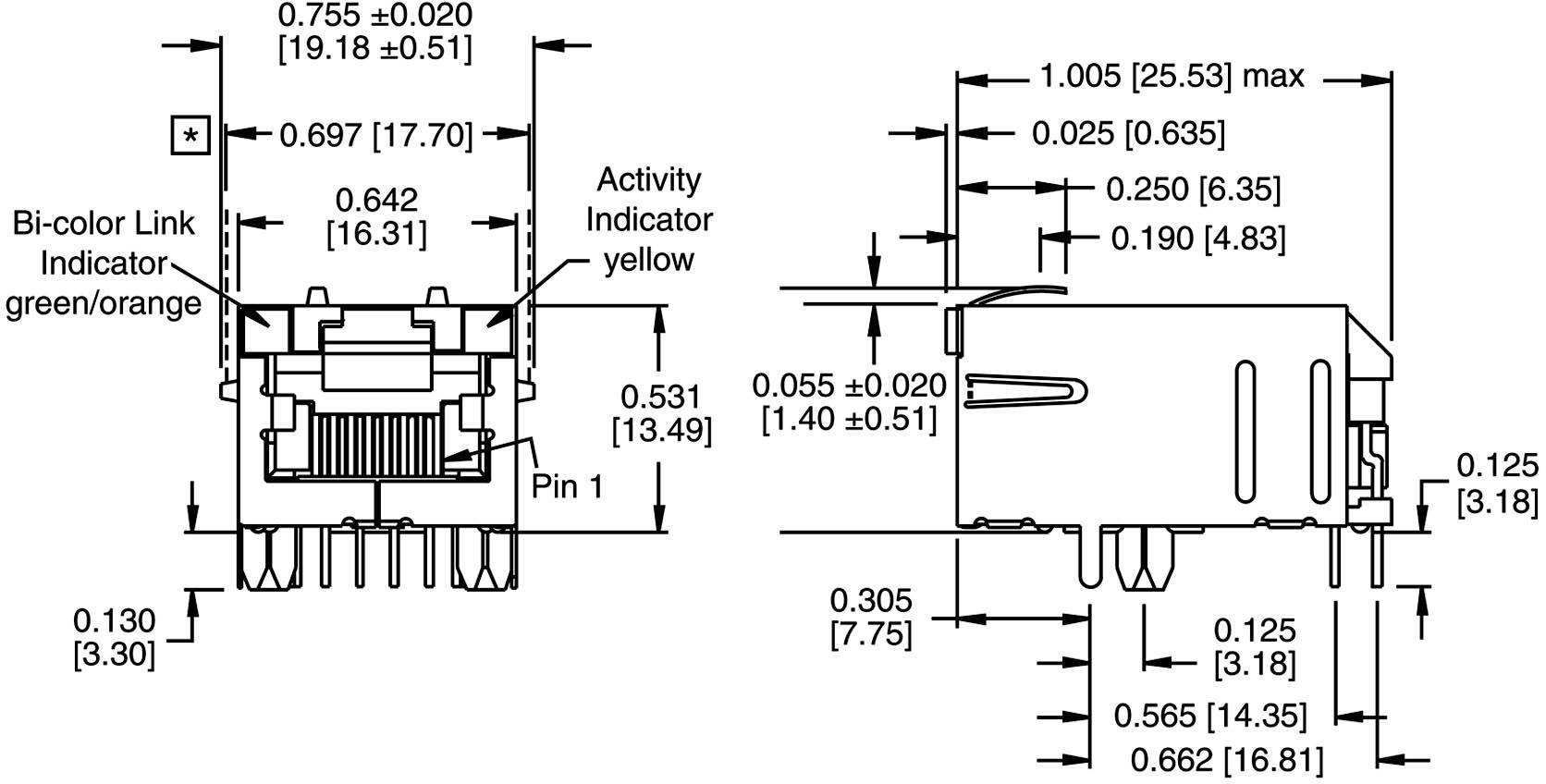 Technische tekening van een stekkerverbinding met maatvoering in inches en millimeters. Toont pin-posities en LED-indicatoren.