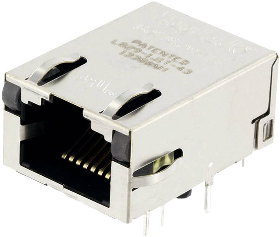 Een metalen behuizing van een Ethernet-aansluiting met gouden contactpennen, gebruikt voor netwerkverbindingen.