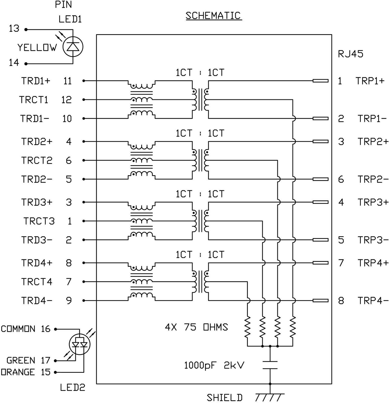 'Diagram van een schakelschema met RJ45-aansluitingen. Toont 4x 75 Ohm weerstanden en besturingselementen TRD1 tot TRD4 met LED's en pinnen.'