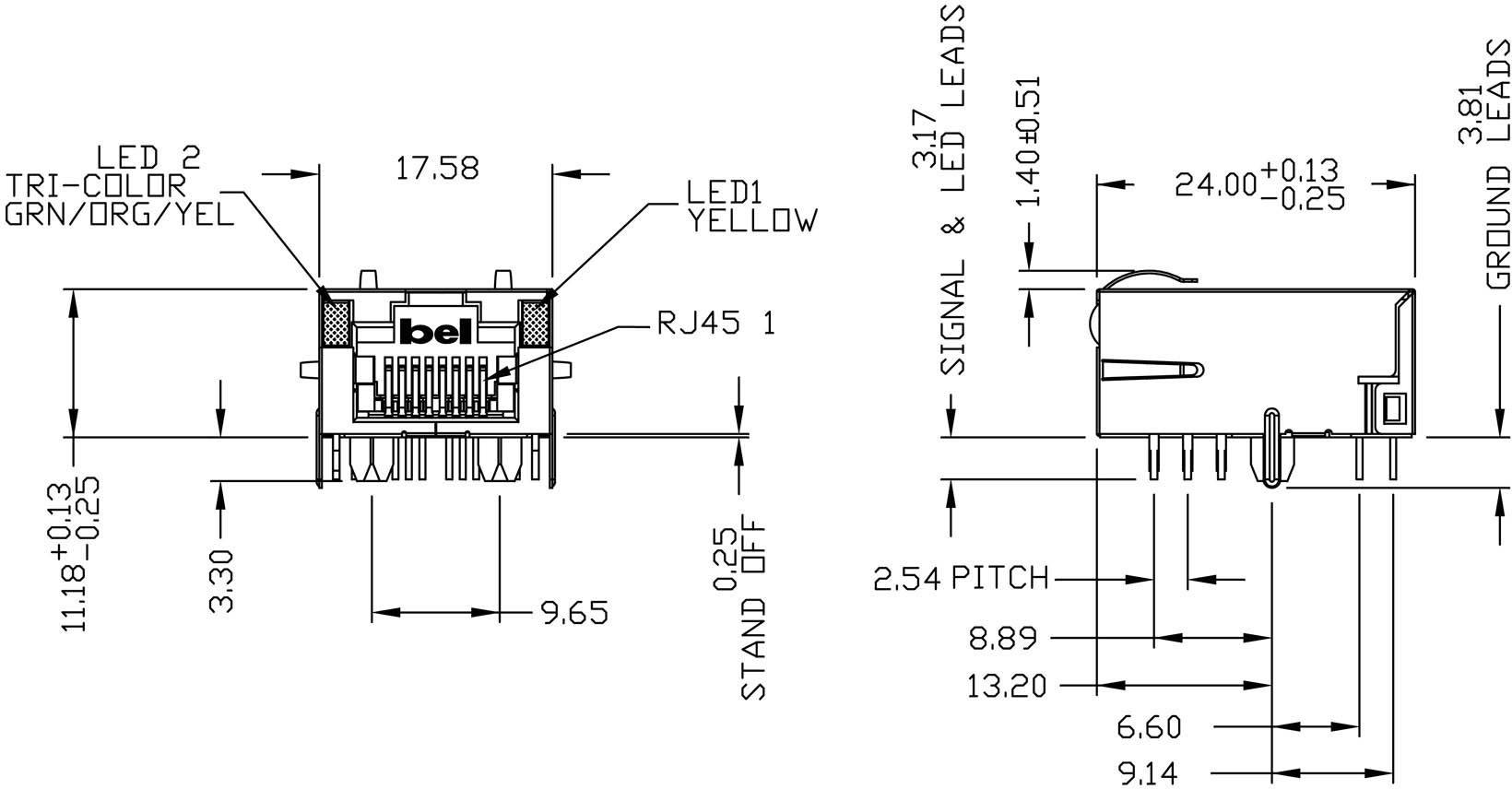 Technische tekening van een RJ45-connector met afmetingen en LED-indicatoren. Details over lengte, breedte en pinnen zijn weergegeven.