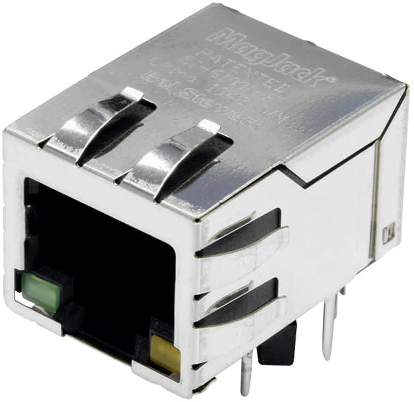 Een rechthoekige RJ-45-Ethernet-connector met een metalen behuizing en LED-indicatoren voor netwerkverbindingen.