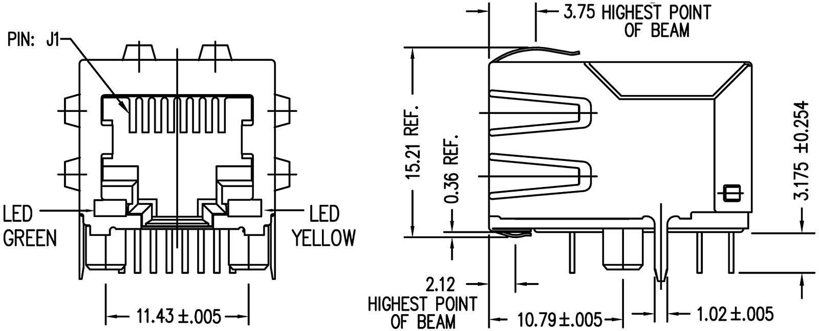 Technische tekening van een RJ45-aansluitmodule met afmetingen en LED-indicatoren voor groen en geel. Zij- en vooraanzicht weergegeven.
