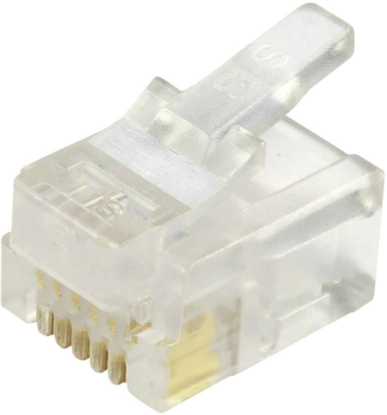 Transparante RJ-45-connector, gebruikt voor Ethernet-kabels; toont acht gouden contactpunten voor het aansluiten van netwerkkabels.