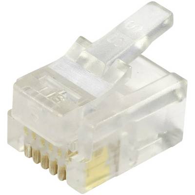 Transparante RJ-45-connector, gebruikt voor Ethernet-kabels; toont acht gouden contactpunten voor het aansluiten van netwerkkabels.