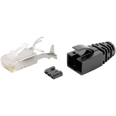 Twee connectordelen: een metalen RJ45-stekker met kunststof afdekking links en een zwart kunststof behuizingsdeel rechts.