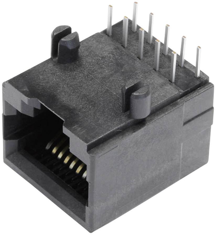 Een zwarte RJ45-poortadapter met acht pinnen bovenaan, geschikt voor Ethernet-netwerken.