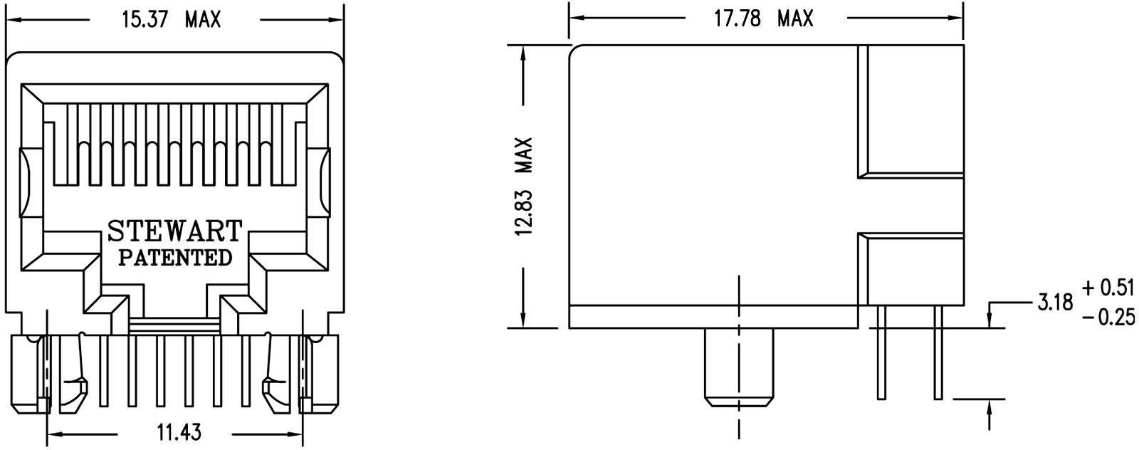 Technische tekening van een connector met afmetingen: breedte 15,37 mm, hoogte 12,83 mm, lengte 17,78 mm. Opschrift 'STEWART PATENTED'.