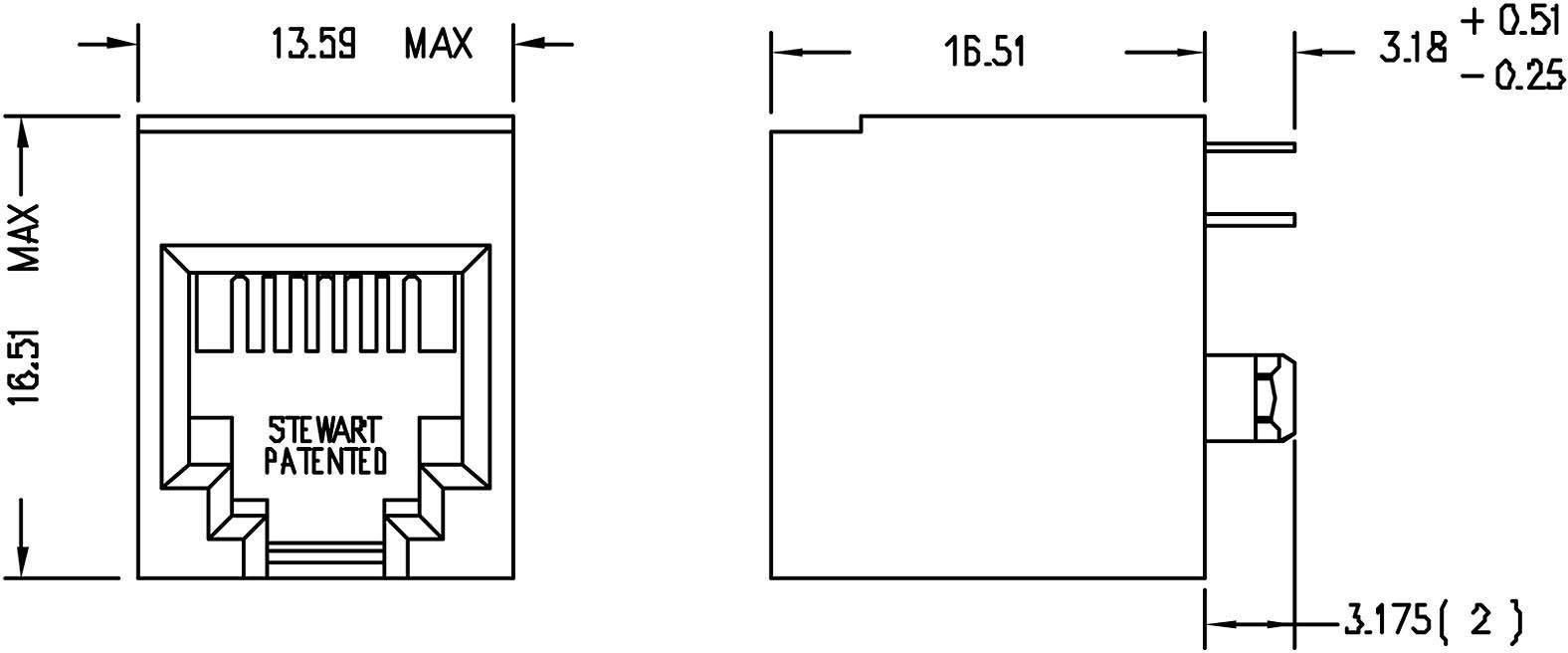 Technische tekening van een Ethernet-aansluiting met afmetingen: breedte 13,59 mm, hoogte 16,51 mm, diepte 16,51 mm. Zijaanzicht toont positie van de aansluitpennen.