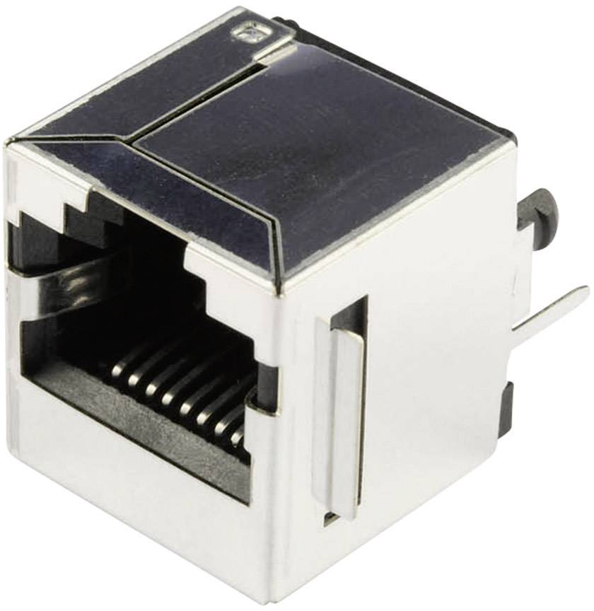 Een RJ45-netwerkaansluiting in zilverkleurige afwerking met acht metalen contacten en kunststof behuizing.
