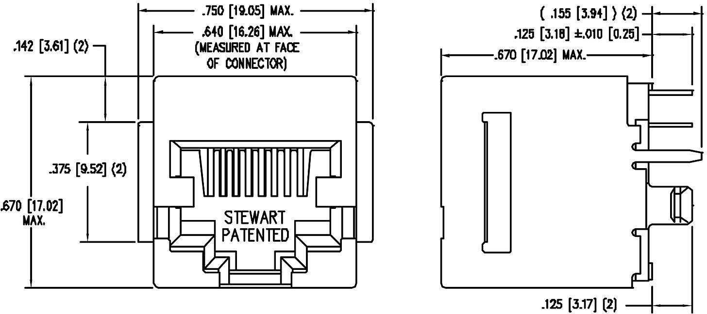 Technische tekening van een RJ45-connector met bovenaanzicht en zijaanzicht. Afmetingen zijn weergegeven in inches en millimeters.