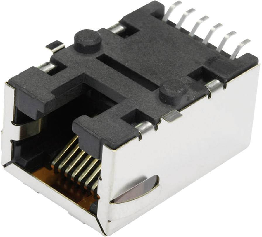 Een RJ45-Ethernetplug - bovenaanzicht met zichtbare metalen contacten en kunststof behuizing.
