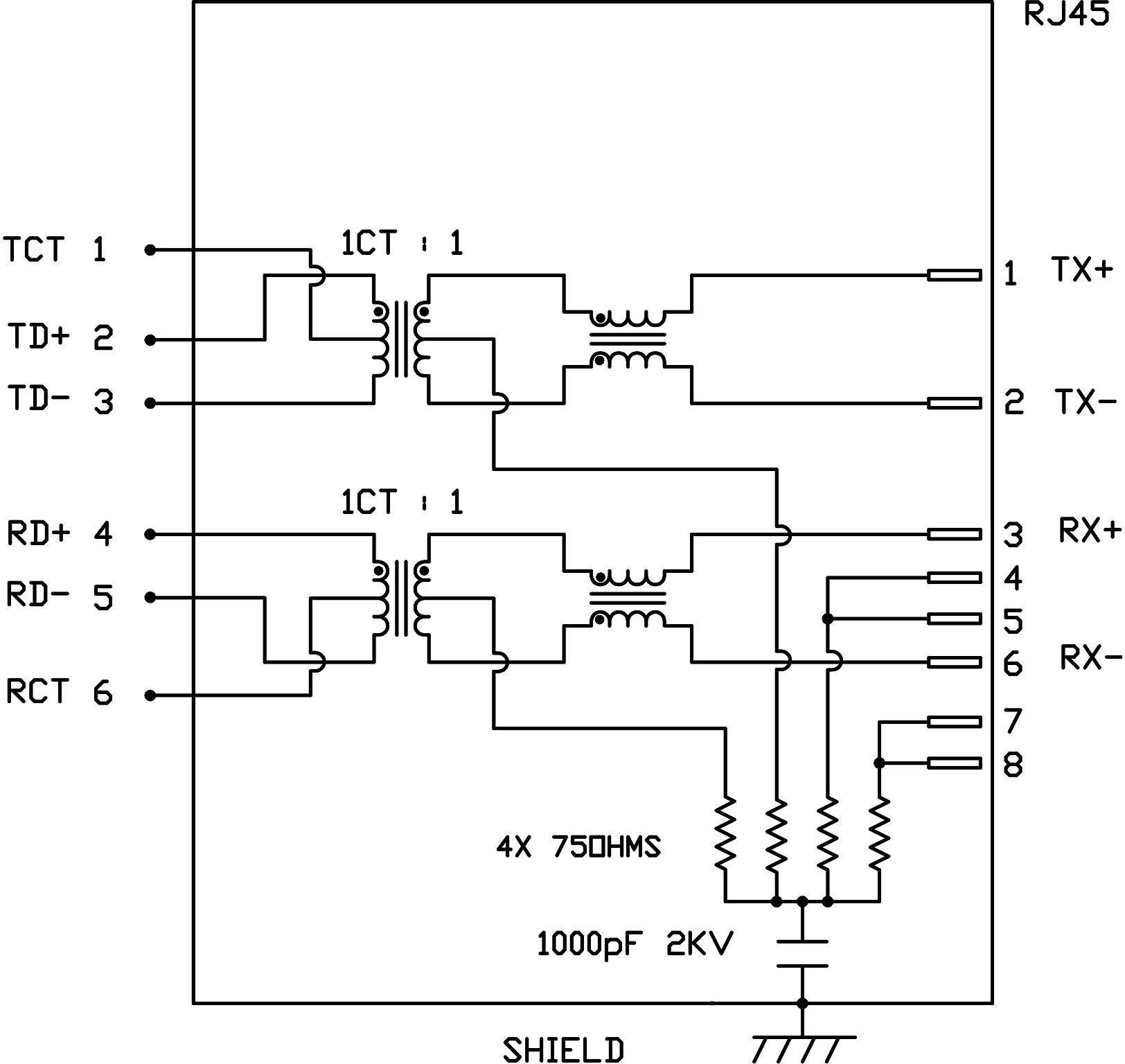 'Bedradingsschema van een Ethernet-transformator met RJ45-aansluiting. Toont TCT, TD+, TD-, RD+, RD-, RCT, meerdere spoelen en weerstandswaarden.'