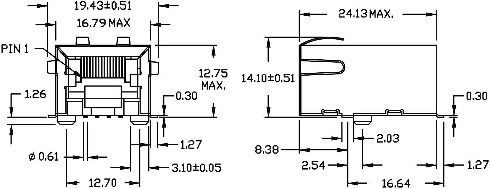 Technische tekening van een elektronische stekkerverbinding met afmetingen en markeringen voor Pin 1. Vooraanzicht en zijaanzicht.