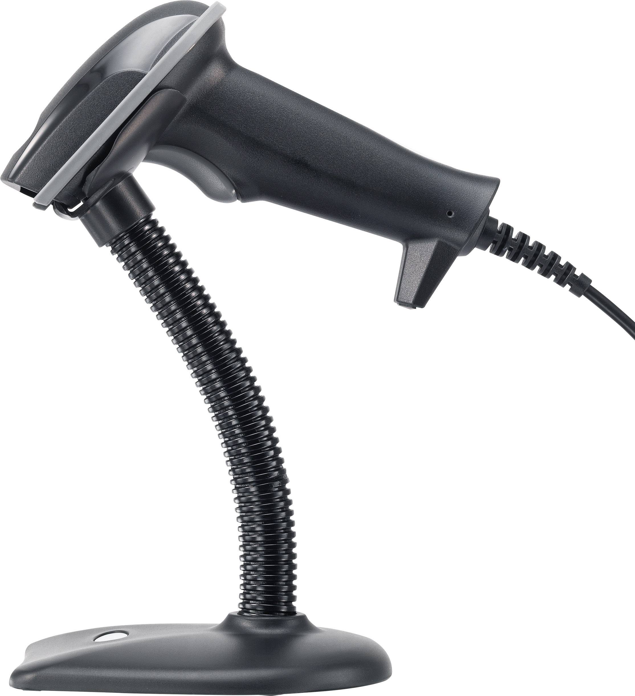 Een zwarte handscanner op een flexibele standaard, geschikt voor het scannen van barcodes in winkels of magazijnen.
