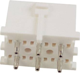 Een witte, rechthoekige elektrische connector met zes metalen pinnen, gerangschikt in twee rijen.