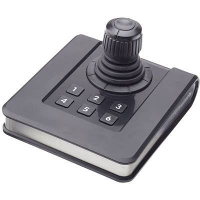 Een zwarte joystick met zes genummerde knoppen (1-6) op een rechthoekige basis. Belangrijkste besturingsapparaat voor het spelen of navigeren.