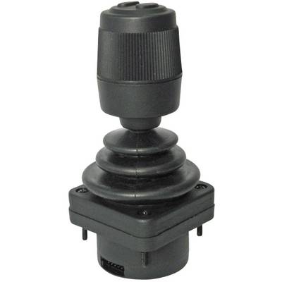Een zwarte joystick met meerdere assen en een geribde greep. Gemonteerd op een vierkante basis met zichtbare schroefgaten.