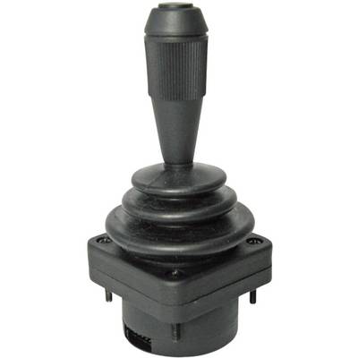 Een zwarte joystick met een geprofileerde handgreep, gemonteerd op een vierkante basis, wordt getoond vanuit een frontaal gezichtspunt.