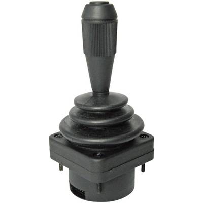 Een zwarte joystick met een lange, gegroefde greep en een vierkante basis, geschikt voor het besturen van elektronische apparaten.