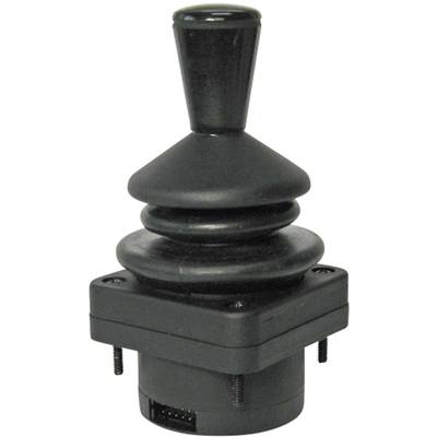 Een zwarte joystick met een conische greep, gemonteerd op een vierkante basis. Hij wordt gebruikt voor besturingsdoeleinden.