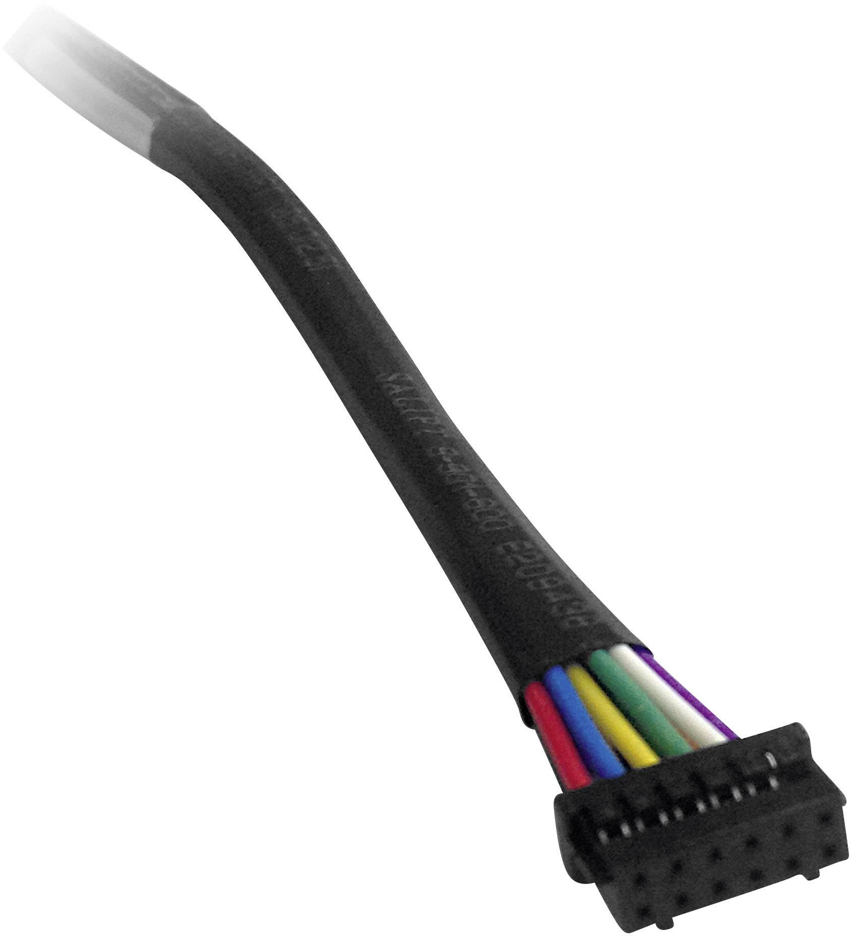 Een zwart kabel met een meerkleurige stekker.
