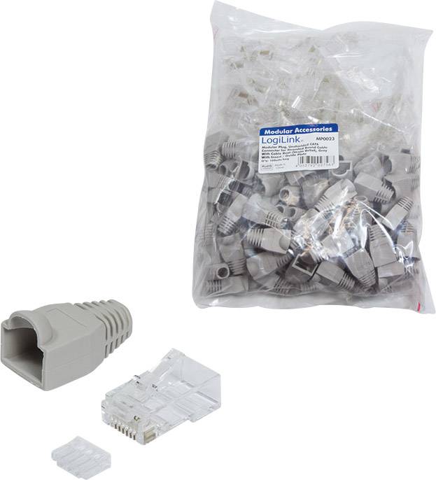 Een grote zak met grijze kabelkappen en ernaast een enkele RJ45-connector met een transparante kunststof beschermkap.