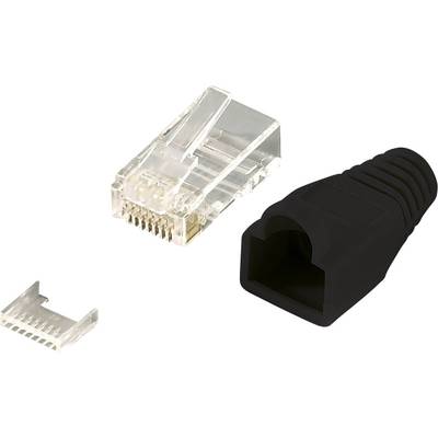 Een RJ45-stekker met een transparante kunststof behuizing en een zwarte rubberen trekontlasting ernaast.
