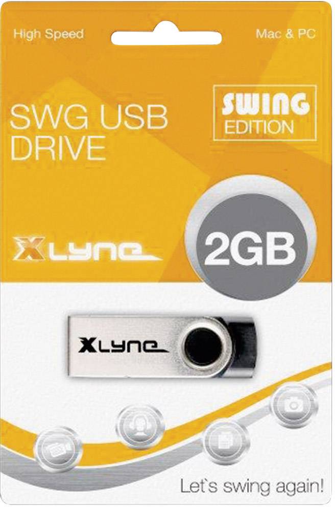 'SWG USB-stick' in verpakking. Merk XLYNE, 2GB capaciteit. Geschikt voor Mac & PC. Slogan: 'Let's swing again!' Oranje-witte verpakking.