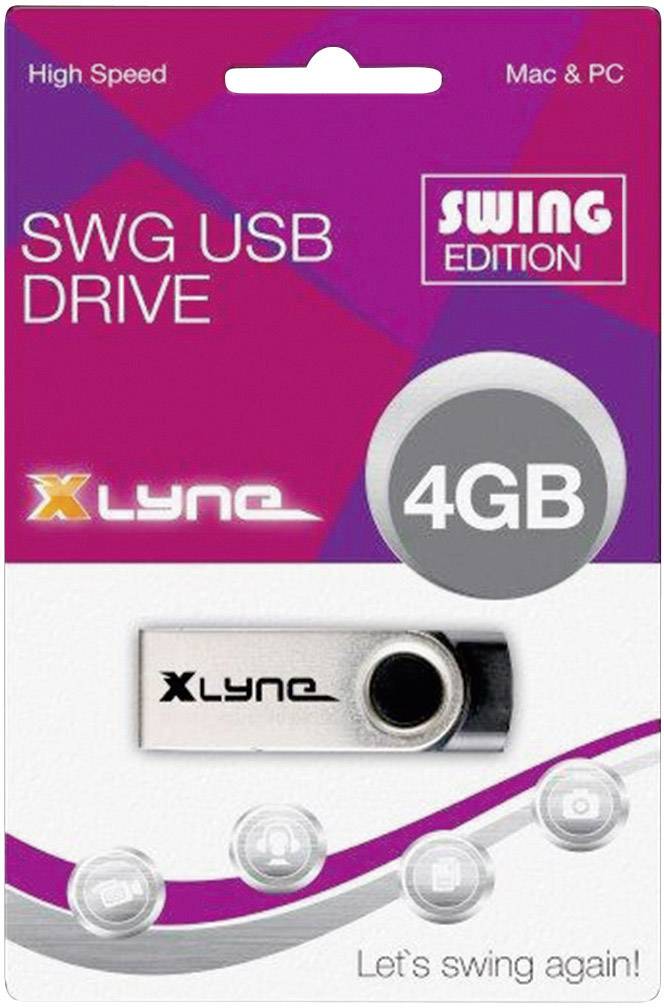 Verpakking voor Xlyne SWG USB-stick, 4GB, voor Mac & PC. Bovenaan staat 'High Speed'. Onderaan de tekst: 'Let's swing again!'.