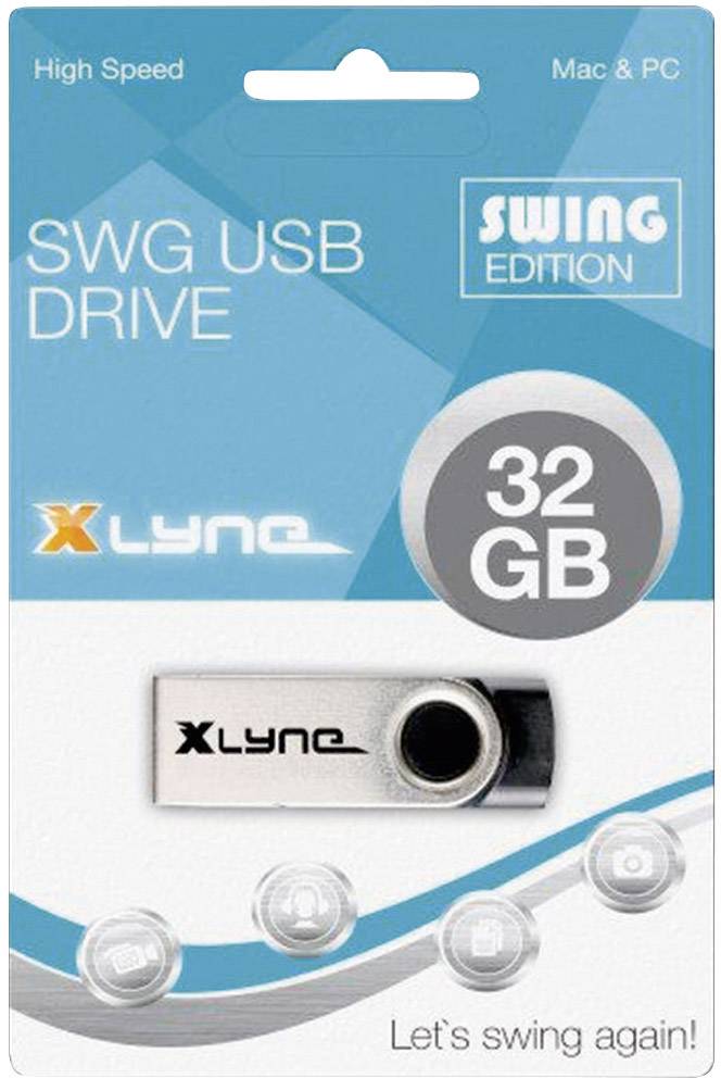 'SWG USB-stick, Swing Edition, 32 GB opslag, compatibel met Mac & PC. Reclame voor een USB-stick van het merk Lynq.'