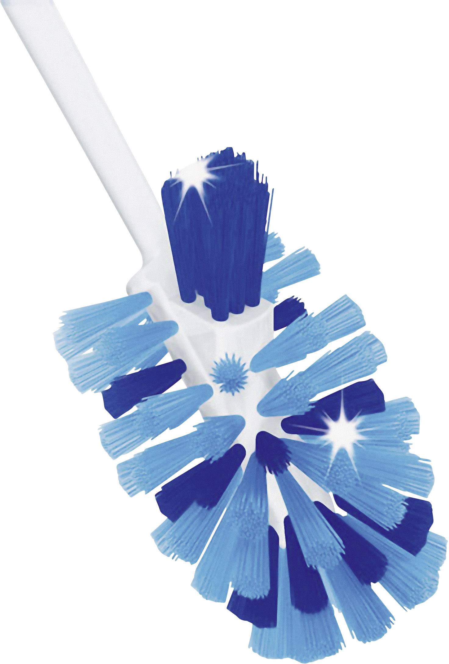 Toiletborstel met blauwe en witte borstelharen die stervormig zijn gerangschikt aan de borstenkop.