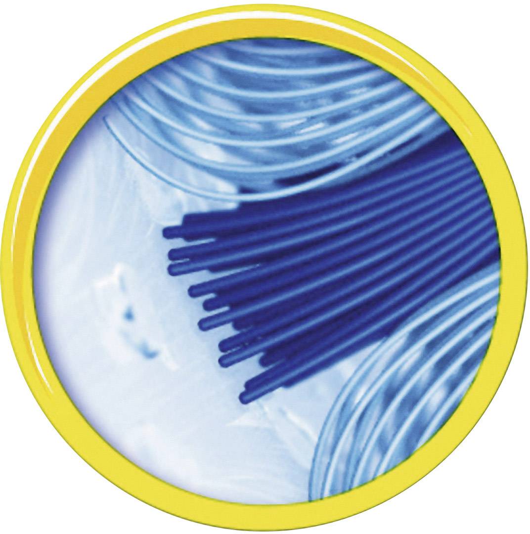 Een rond beeld toont blauwe draden die strak gebundeld zijn, omgeven door een gele rand.