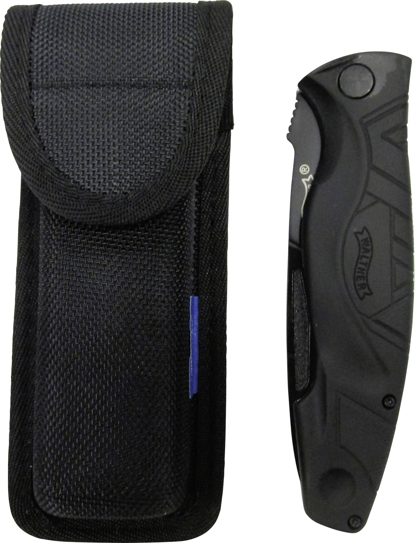 Zwart vouwmes naast een zwarte stoffen tas. Het mes heeft een ergonomisch gevormde handgreep.