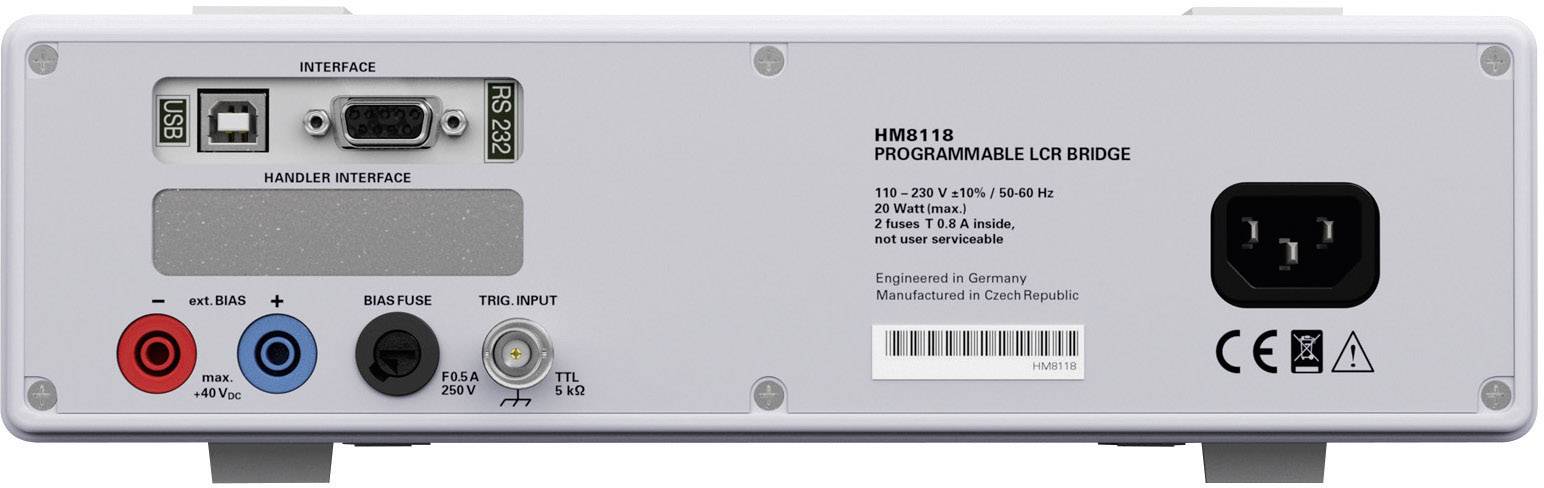 Achterkant van een programmeerbaar LCR-meetapparaat met aansluitbussen, interfaces en netaansluiting. Modelaanduiding: HM8118.