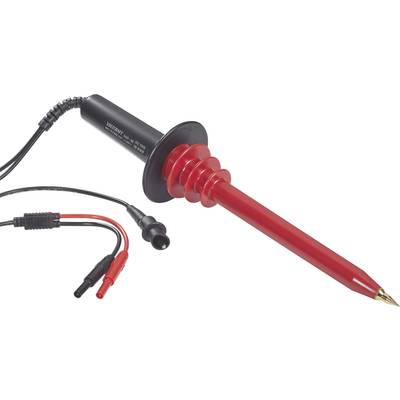 Een rode spanningzoeker met een zwarte handgreep en twee meetpunten, gebruikt voor het meten van elektrische spanningen.