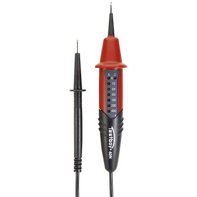 'Spanningzoeker met LED-indicator in rood en zwart, toont verschillende spanningen van 6 tot 400 volt. Links bevindt zich de zwarte meetpen.'