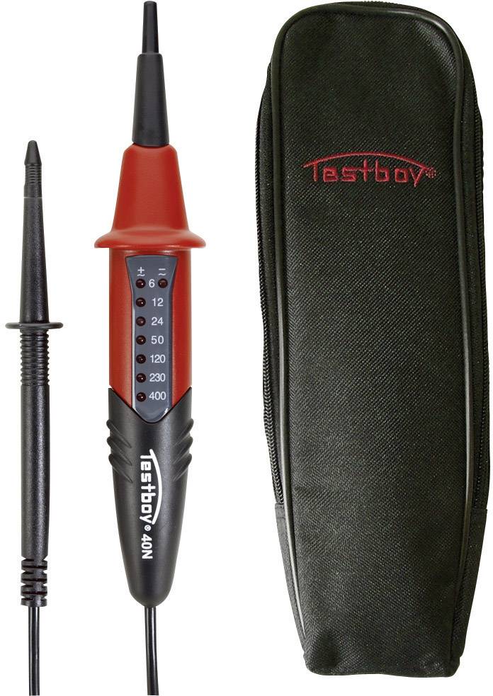 Een spanningzoeker en een zwart omhulsel met een rood logo. De tester toont spanningswaarden van 12 tot 400 volt.