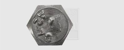 Metalen schroef met zeskantbout en ingeslagen symbool.