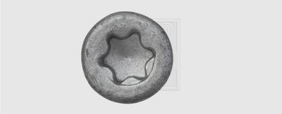 Een zilveren zeskante schroef van metaal met een sterpatroon op het oppervlak, gezien van bovenaf.