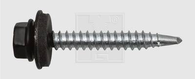 'Een verzinkte metalen schroef met zeskantbout en zwarte sluitring, geschikt voor houtbouwprojecten.'