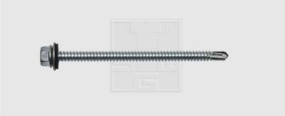 Een zilveren metalen schroef met rubberen afdichting, getoond in zijaanzicht tegen een neutrale achtergrond.