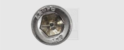 Close-up van een metalen schroef met zeskantbinnenkop op een grijze achtergrond.