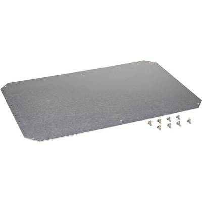 Metalen plaat met acht schroeven, gelijkmatig ernaast geplaatst. De plaat is rechthoekig met afgeschuinde hoeken en heeft vier gaten.