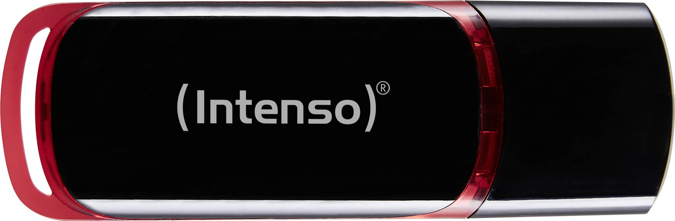 Een zwarte USB-stick met een rode accent en de tekst 'Intenso' op de voorkant.