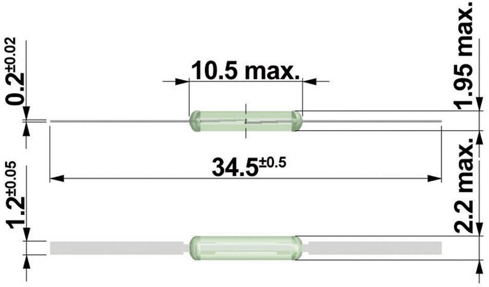 Afbeelding van een elektrisch onderdeel met afmetingen: lengte 34,5 ±0,5 mm, dikte 1,95 mm max., hoogte 1,2 ±0,05 mm.