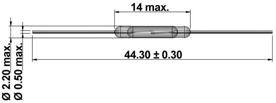 Reed-schakelaar met afmetingen: totale lengte 44,30 mm ± 0,30 mm, glazen behuizing 14 mm max, draaddiameter Ø 0,50 mm max, breedte Ø 2,20 mm max.