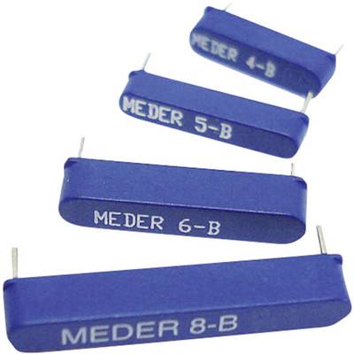 Vier blauwe elektronische componenten in verschillende formaten, gemarkeerd met MEDER 4-B, 5-B, 6-B en 8-B, met metalen aansluitingen.