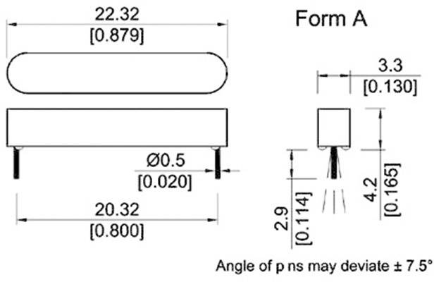 Technische tekening van een elektronisch onderdeel van vorm A met afmetingen: lengte 22,32 mm, breedte 3,3 mm, pin-diameter 0,5 mm.